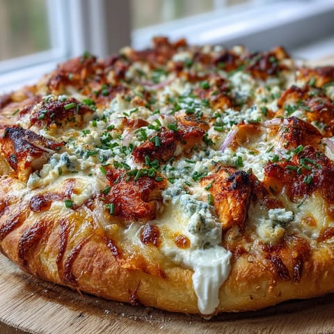 Sliced wedges of Buffalo Chicken Pizza on a wooden board, topped with fresh chives and red onion for a savory kick.