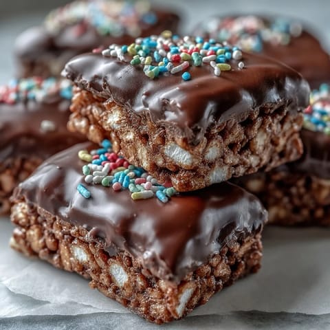 Chocolate Covered Rice Krispy Treats stacked on a white plate, highlighting crunchy cereal and gooey marshmallow layers.  