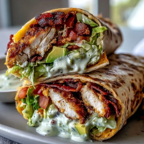 Crunchy Crispy Chicken Bacon Wrap halved diagonally, revealing juicy chicken strips and creamy sauce in a toasted tortilla.