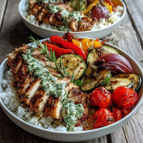 A fresh Lemon Herb Roasted Chicken Bowl garnished with rosemary sprigs and drizzled with zesty lemon dressing for a wholesome meal.