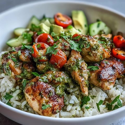 Golden, pesto-coated chicken nestled over fluffy white rice with sliced avocado and halved cherry tomatoes.