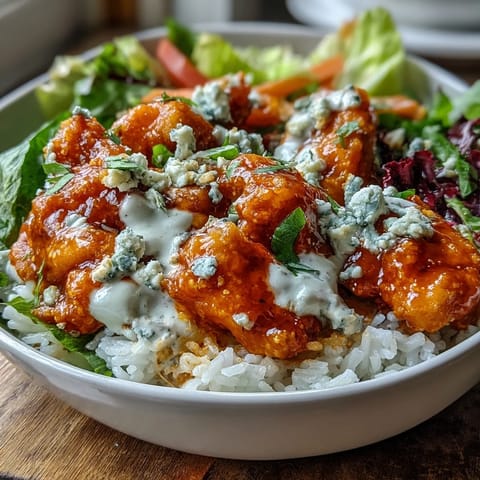 Savory Buffalo Chicken Bowl with fluffy rice base, drizzled with ranch and fresh herbs, ready for a quick and easy dinner.