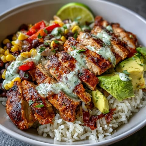 A close-up of a Cajun Chicken Bowl with seasoned chicken, fluffy rice, black beans, corn, and bright bell peppers, topped with avocado and cilantro.