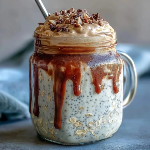Vanilla Bean Frappuccino Overnight Oats jar layered with creamy oats and espresso drizzle, topped with whipped cream and chocolate chips.