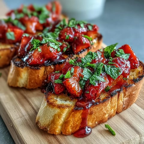 Fresh strawberry bruschetta with balsamic and mint, topped on golden toasted baguette slices for a vibrant summer appetizer.