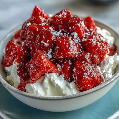 Strawberry compote swirls over creamy Greek yogurt with fresh mint garnish in a vibrant breakfast bowl.