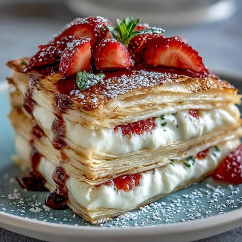 Strawberry crepe cake with layers of delicate crepes, vanilla cream, and fresh strawberries, dusted with powdered sugar.