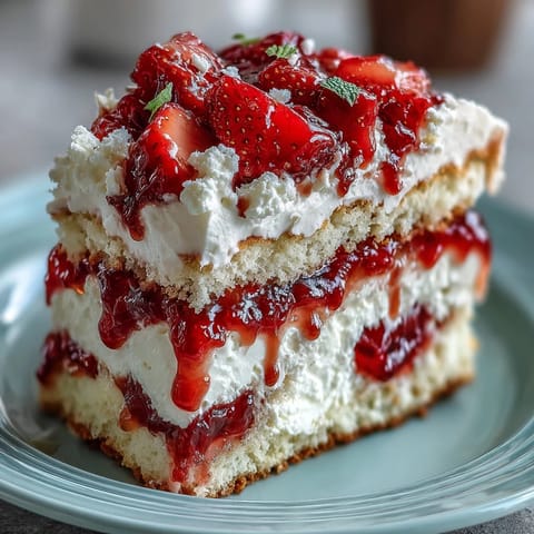 Beautiful layered Mothers Day strawberry shortcake trifle with juicy strawberries and clouds of whipped cream in a clear glass bowl.