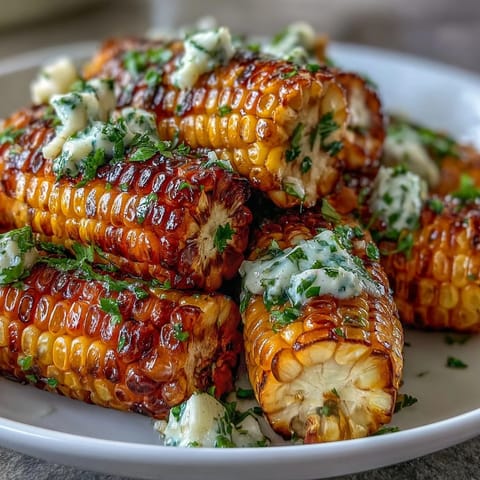 Golden corn on the cob steamed in the microwave, glistening with melted garlic butter and fresh parsley.