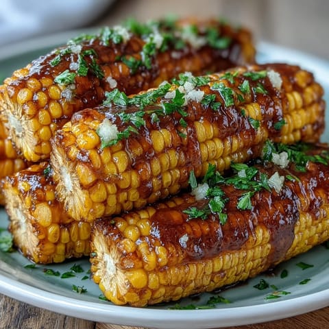 Microwave corn on the cob with savory garlic butter, sprinkled with parsley for a quick and flavorful side.