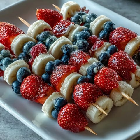 Patriotic fruit skewers with strawberries, bananas, and blueberries, perfect for Fourth of July celebrations and summer picnics.