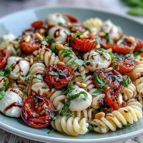 A colorful summer pasta salad with cherry tomatoes, mozzarella, and fresh basil, perfect for picnics or BBQs.