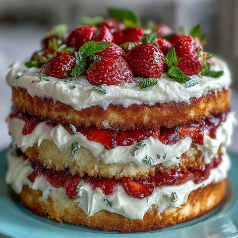 Naked Spring Cake with Strawberries and Cream, showcasing fresh berry layers between soft vanilla sponge and billowy whipped cream.