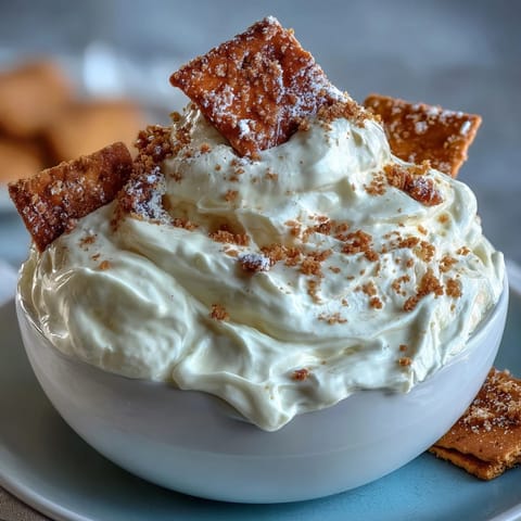 Creamy cheesecake dip with fluffy texture, served chilled with crisp graham crackers for easy dipping.