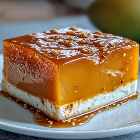 Luscious layers of tropical mango jelly and rich coconut milk, creating a visually stunning and delightfully refreshing vegan treat.
