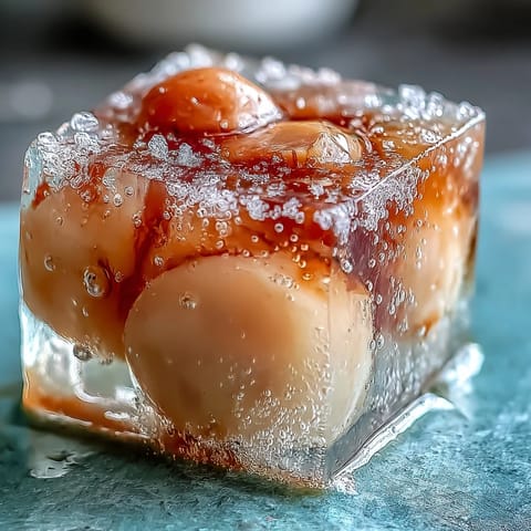 Translucent lychee jelly cubes served in chilled sparkling yuzu water, garnished with mint for a light, elegant summer treat.