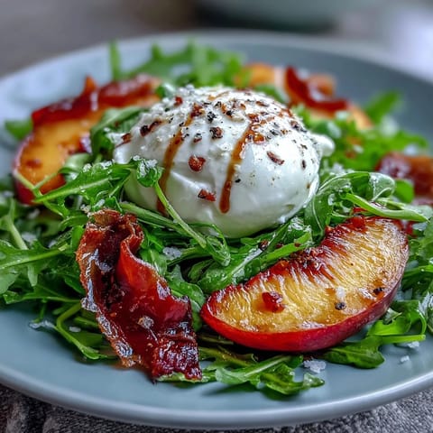 A vibrant summer salad with creamy burrata, juicy peaches, and salty prosciutto on fresh greens, drizzled with balsamic glaze.