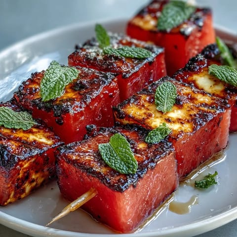Mouthwatering grilled halloumi and watermelon skewers with vibrant mint, a summer appetizer delight.
