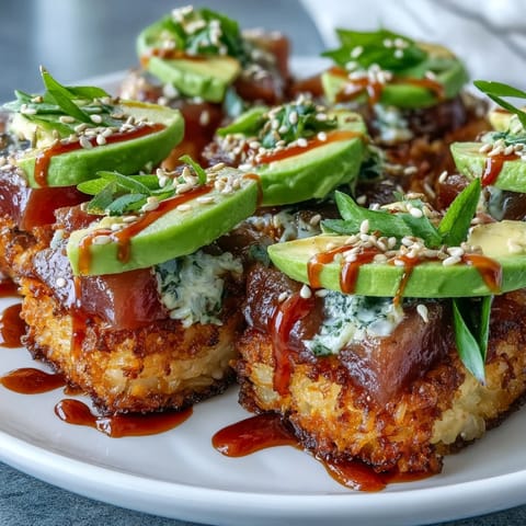 Crispy rice sushi bites loaded with spicy tuna, drizzled with creamy sriracha.
