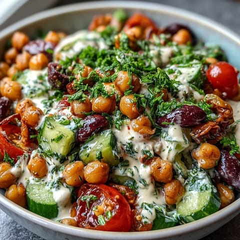 Mediterranean Chickpea Salad with bright lemon, fresh herbs, and crisp garden vegetables.