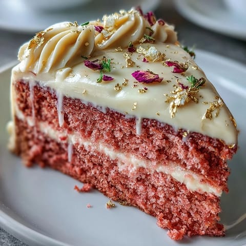 Elegant Bridal Shower Rosé Velvet Cake with shining gold drip topping.