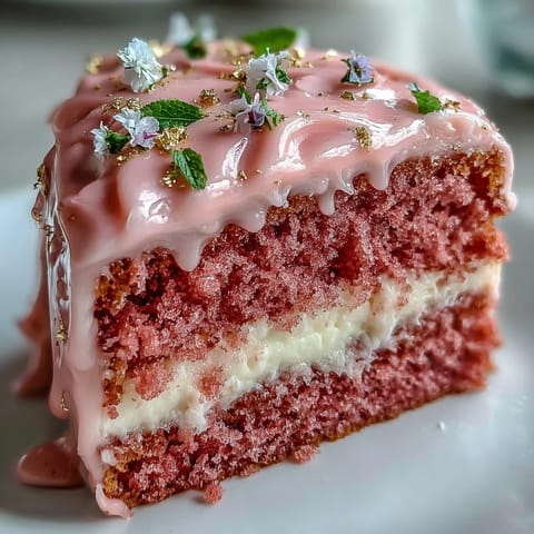 Pink rosé velvet cake, luxuriously frosted with edible gold accents.