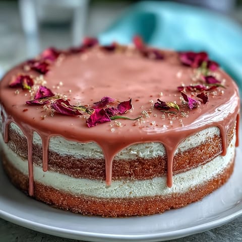 Elegant pink Bridal Shower Rosé Velvet Cake with glistening gold drip.