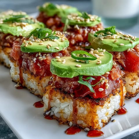 Spicy Tuna Crispy Rice Bites: golden rice, creamy tuna, and avocado topping.