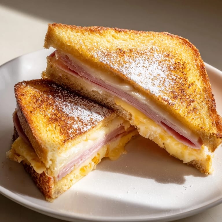 Dusted powdered sugar crowns a gorgeous Monte Cristo sandwich cut in halves, a delightful main course.