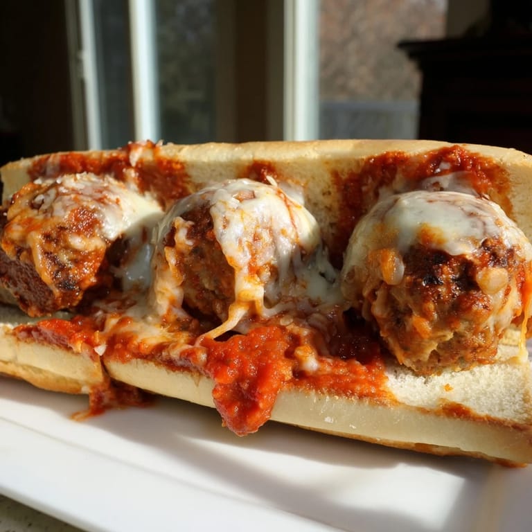 Freshly made Meatball Sub with marinara sauce dripping, ready to be devoured with its savory taste.