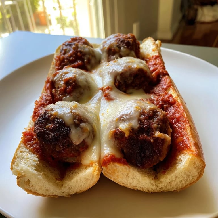 A close-up of a warm and cheesy Meatball Sub, featuring the rich flavors of a homemade meal.
