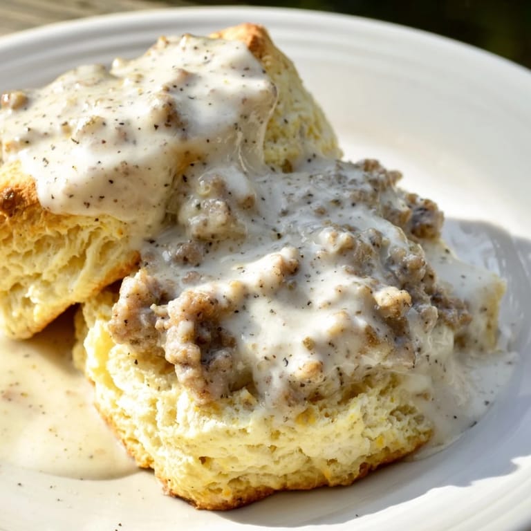 Steaming-hot biscuits and gravy, with creamy gravy spilling over warm, freshly baked biscuits.