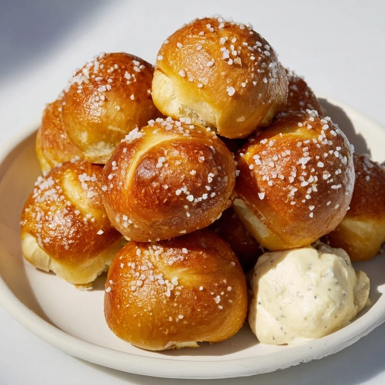 A close up shows soft pretzel bites ready to be dipped into a creamy cheese sauce.