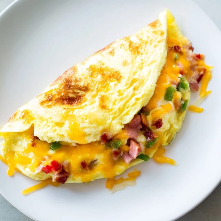 This savory Denver Omelet features melted cheddar cheese, warm ham, and sauteed vegetables ready for serving.