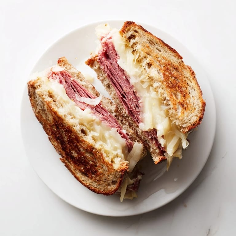 Warm, delicious Reuben sandwich showcasing layers of ingredients, perfect for a satisfying lunch or dinner.