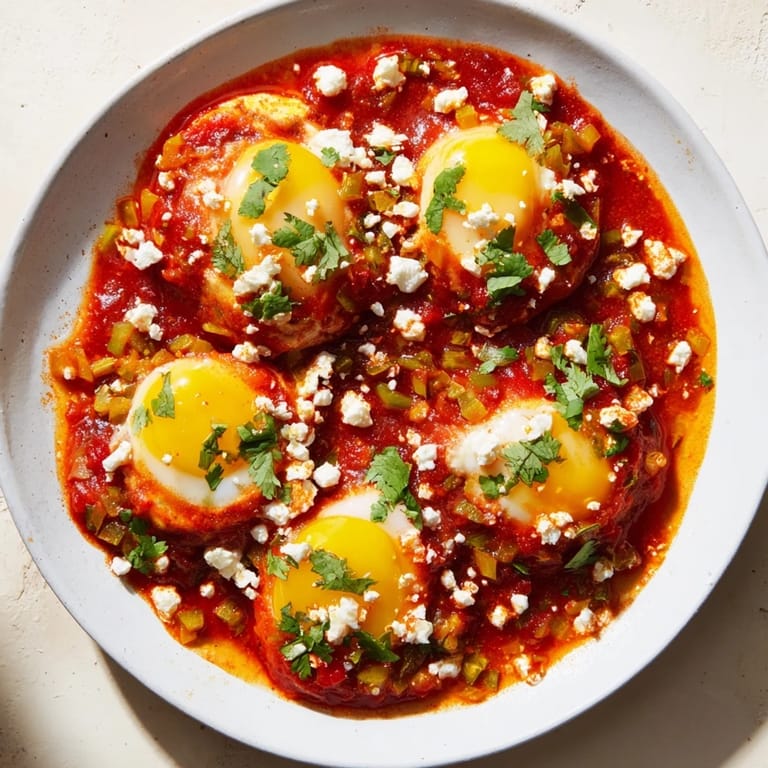 Bright and spicy Shakshuka, a Middle Eastern-inspired egg dish with fresh cilantro garnish and feta cheese.