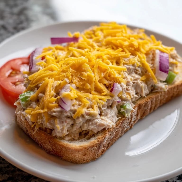 Open-faced Tuna Melt with melted cheddar, warm tuna salad, and a slice of fresh tomato on top.