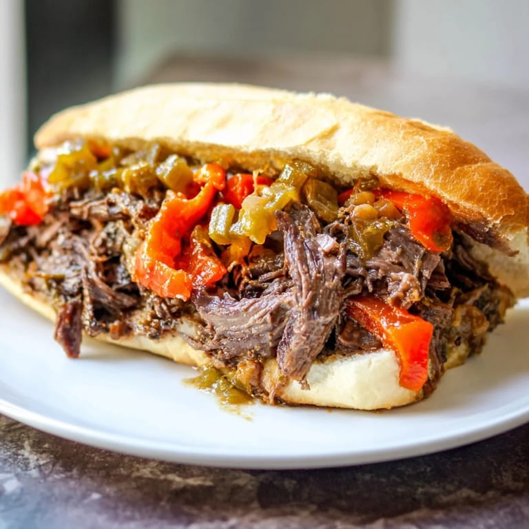 Close-up of a delicious Italian Beef Sandwich, showcasing tender beef and a crusty roll dipped in au jus.