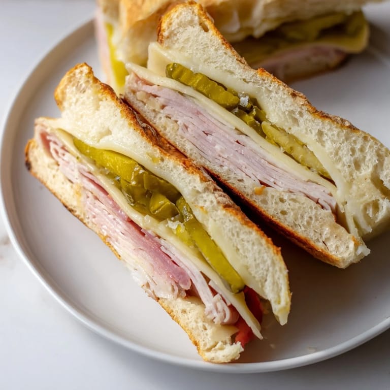 Serving suggestion: Slice this delicious Cuban Sandwich diagonally, ready to enjoy its flavors.