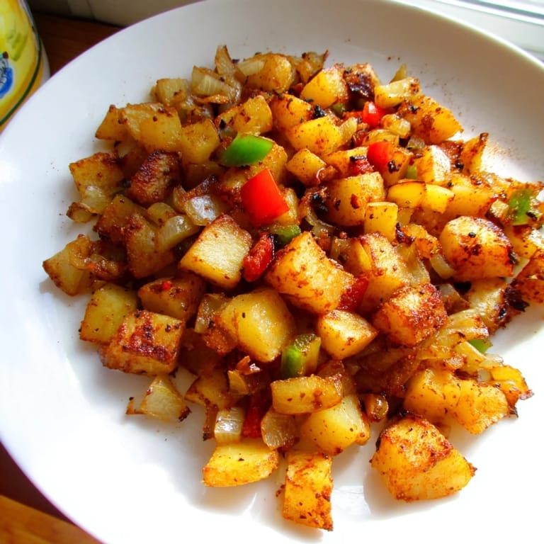 Delicious, flavorful home fries sizzle in a cast iron skillet, a classic American side dish.