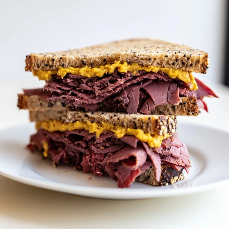 A close-up of a perfectly constructed pastrami on rye sandwich, with layers of juicy meat and pickles.