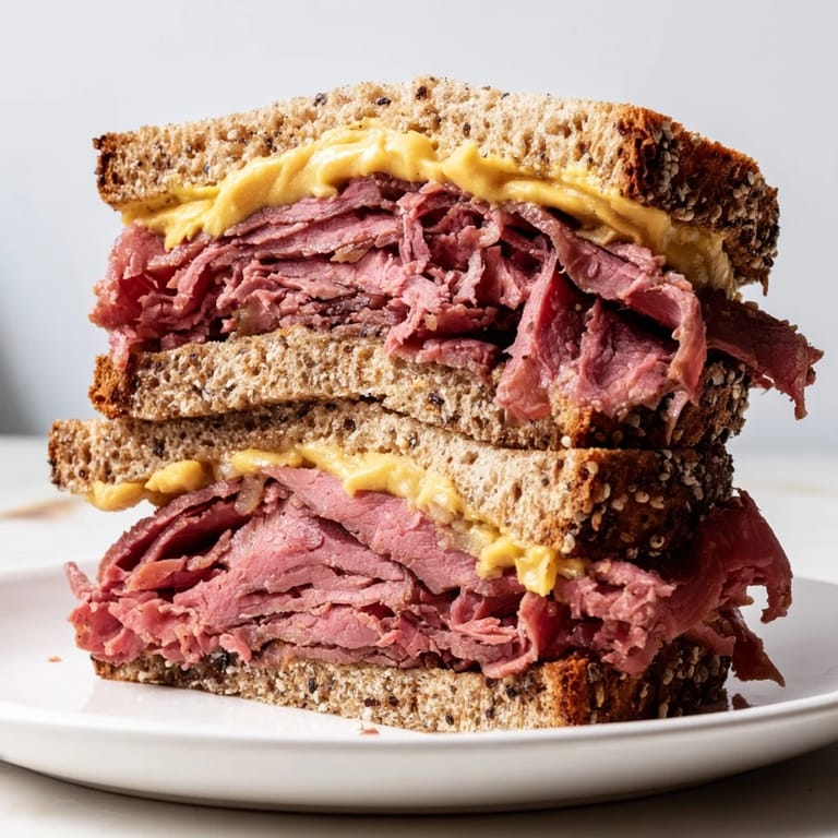 Savory pastrami on rye: A classic deli sandwich, stacked with thinly sliced meat and tangy mustard.