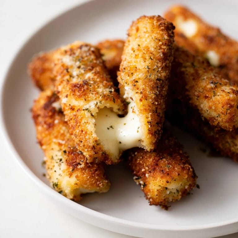 A close-up reveals crispy-coated mozzarella sticks, hot and oozing with melted cheese.