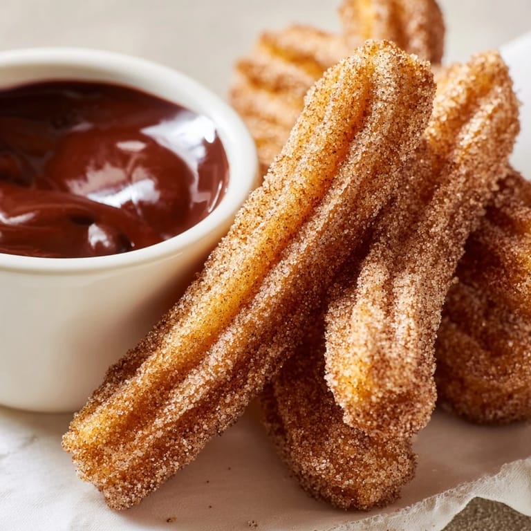 A plate of freshly fried churros, that delicious Spanish treat, piled high, with a decadent chocolate sauce.