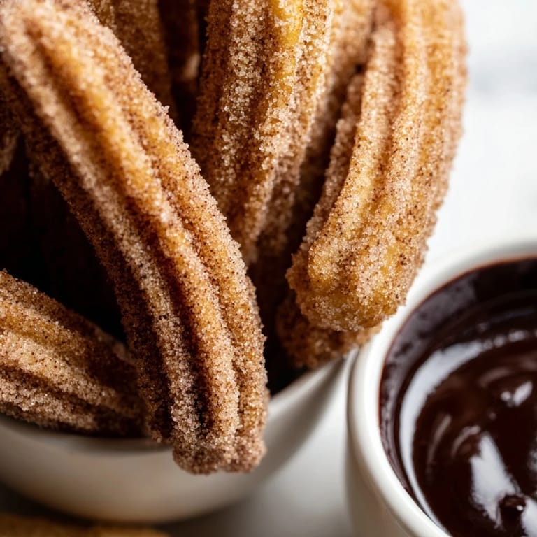 Warm, perfectly fried churros with a light, crispy exterior sit next to a bowl of creamy chocolate for dipping.