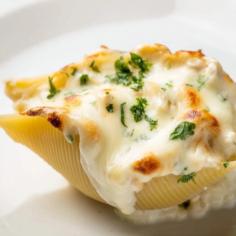 Golden-brown Chicken Alfredo Stuffed Shells with a rich sauce, revealing tender pasta and cheesy chicken filling in a baking dish.
