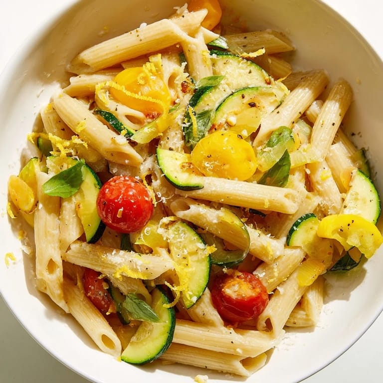 Garden Veggie Pasta plated with al dente penne, sautéed summer squash, and ripe tomatoes, garnished with lemon zest and Parmesan.