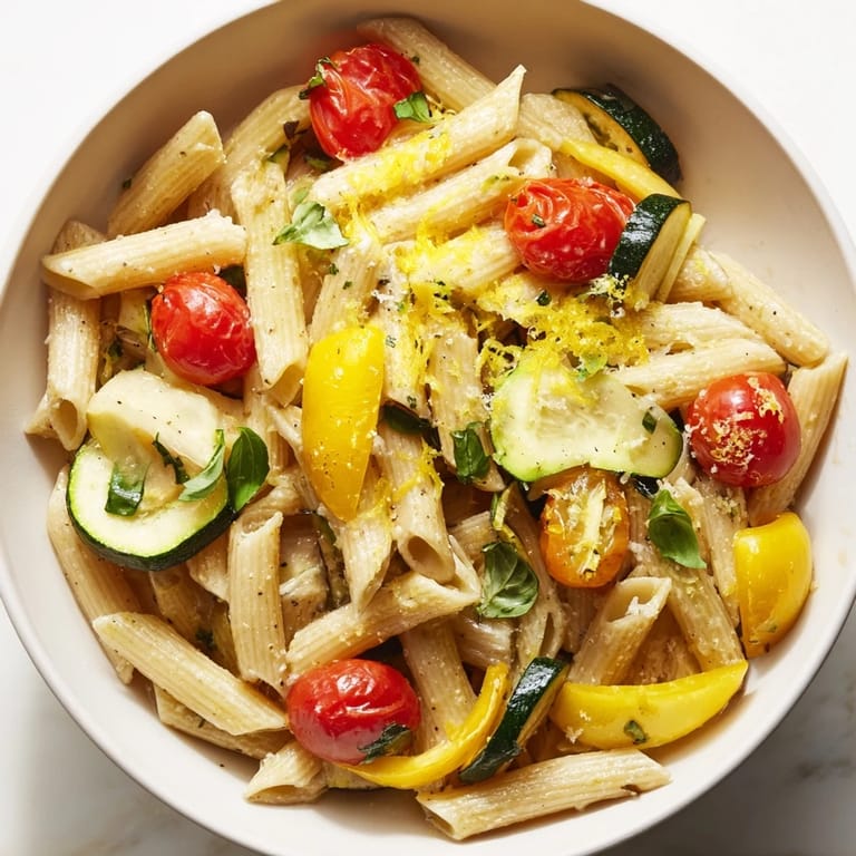 A summer dinner bowl of Garden Veggie Pasta, with sautéed zucchini, yellow squash, and juicy tomatoes tossed in garlicky olive oil.
