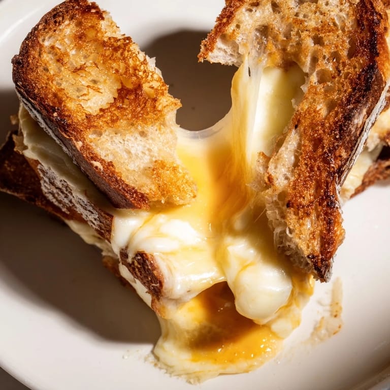 A close-up of a Three-Cheese Grilled Cheese sandwich with crispy, buttery sourdough crust and stringy, melted cheese pulling apart.