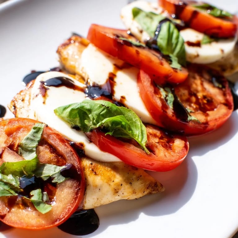 Serving suggestion for Caprese Chicken Skillet: tender chicken topped with creamy mozzarella, fresh basil, and tangy balsamic.